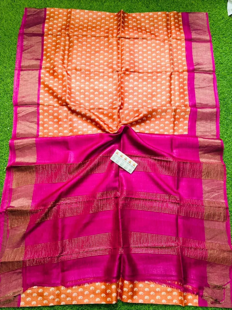 Pure handloom tussar silk zari border digital design printing with silk mark tag